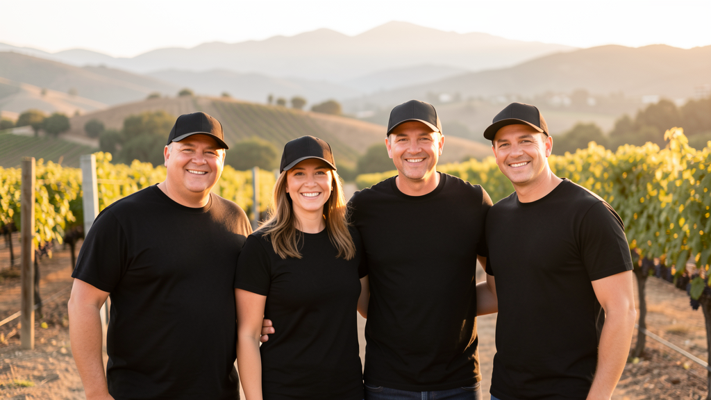 Family outdoors in Temecula vineyard hills wearing black shirts and caps