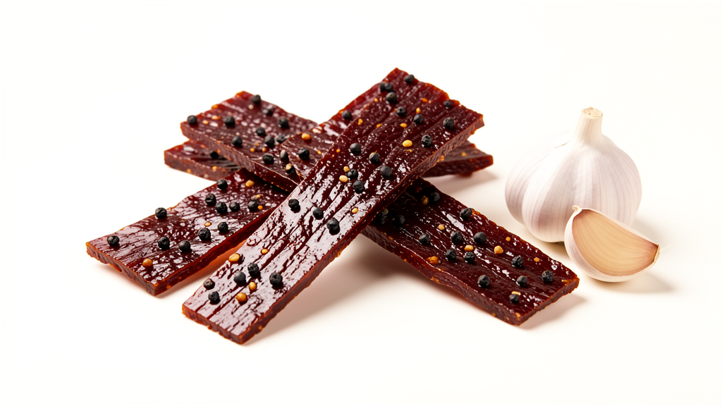 Garlic Pepper beef jerky with garlic cloves